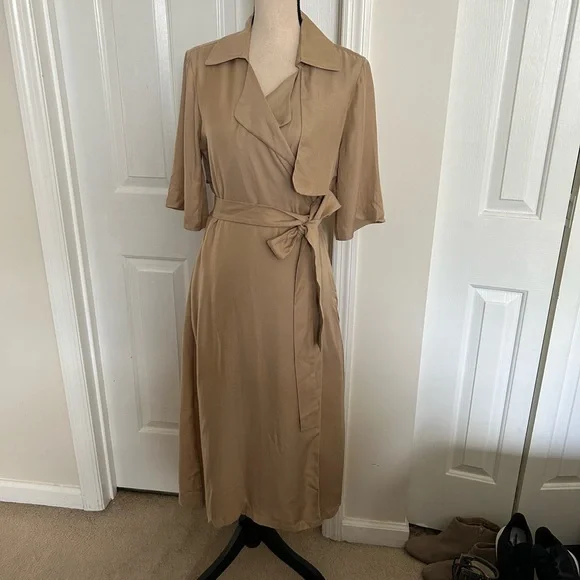 Cuyana Trench Wrap Midi Dress in Tan - Picture 3 of 12